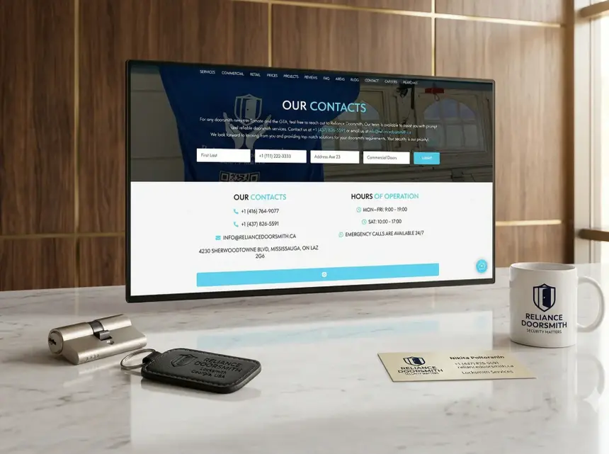 Page Contact du site Web de Reliance Doorsmith sur un écran d’ordinateur de bureau