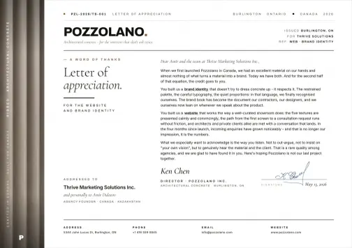 Рекомендательное письмо от Pozzolano в адрес Thrive Solutions