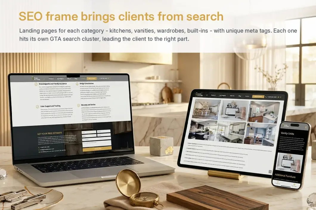 Pages d’atterrissage par catégorie de Prime Kitchens, conçues pour attirer des clients à partir des moteurs de recherche