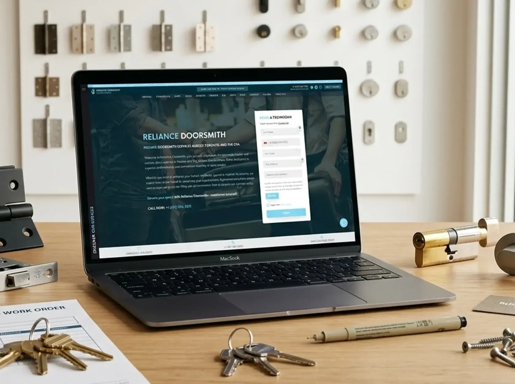 Site Web de Reliance Doorsmith sur un ordinateur portable, entouré de clés et de quincaillerie de porte