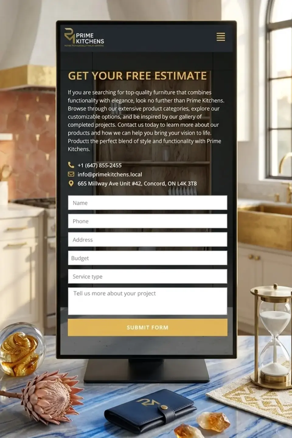 Formulaire d’estimation gratuite de Prime Kitchens sur un écran vertical