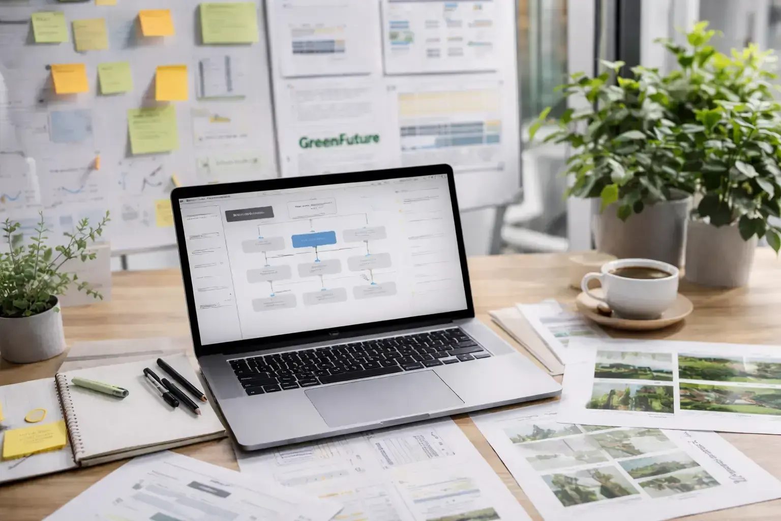 GreenFuture website on a laptop surrounded by greenery