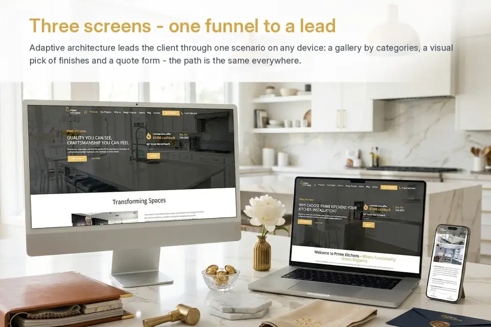 Site Web de Prime Kitchens sur ordinateur de bureau, portable et cellulaire : trois écrans, un seul entonnoir vers la demande
