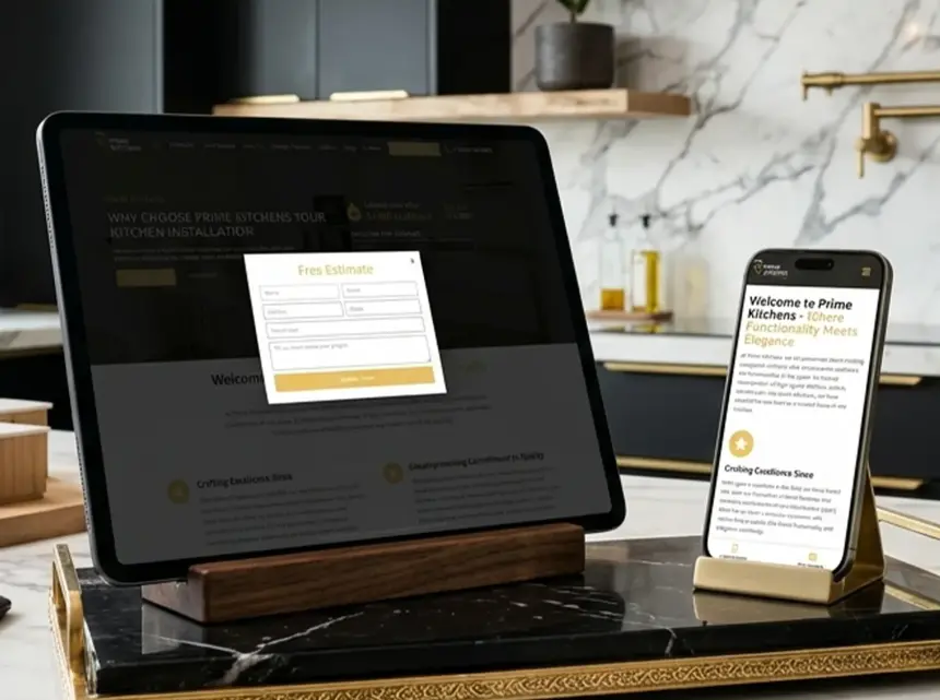 Page d’estimation de Prime Kitchens sur une tablette, dans une cuisine moderne