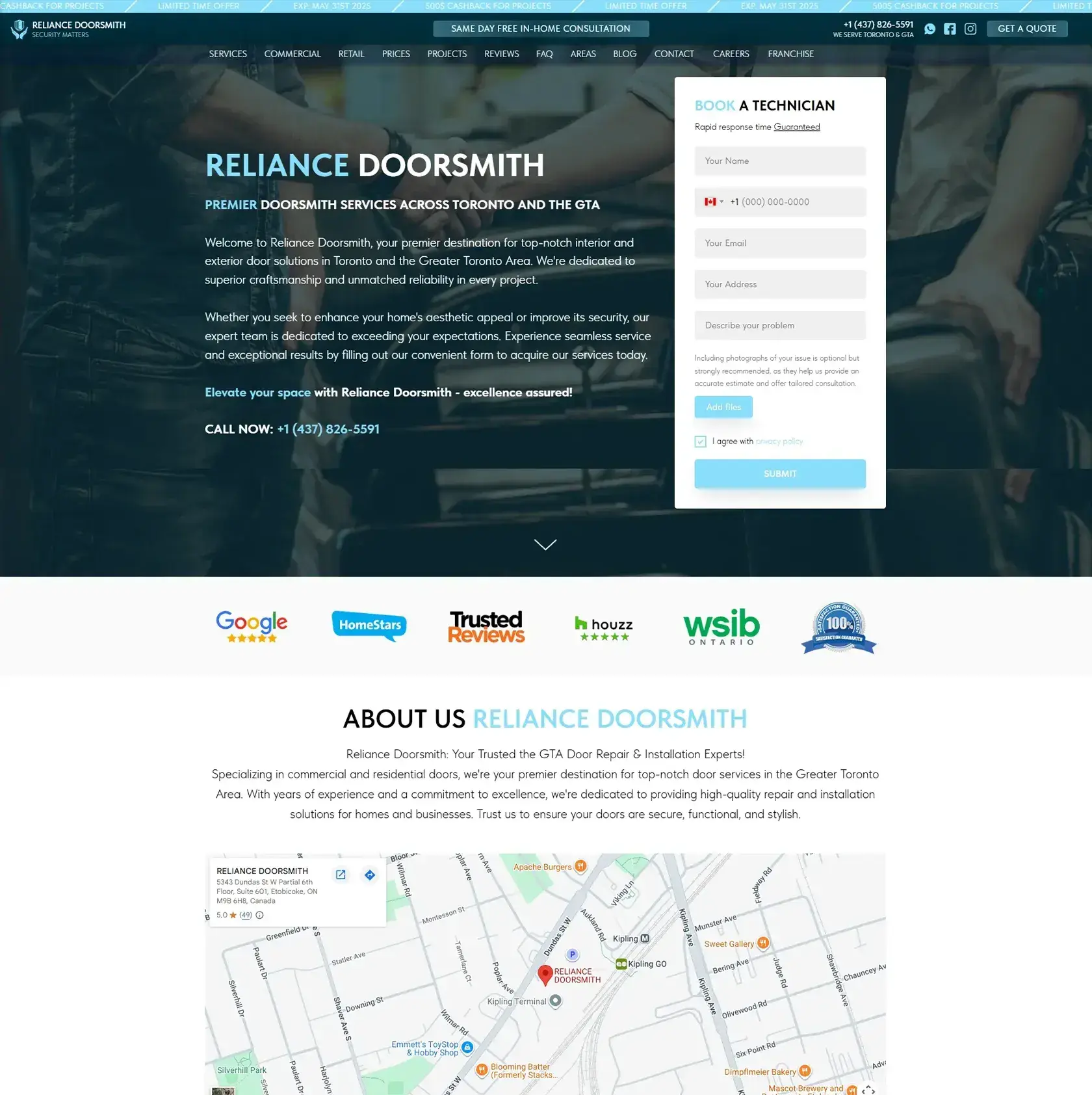 Page d’accueil de Reliance Doorsmith avec son formulaire de demande de technicien, site Web d’une entreprise de réparation de portes à Toronto