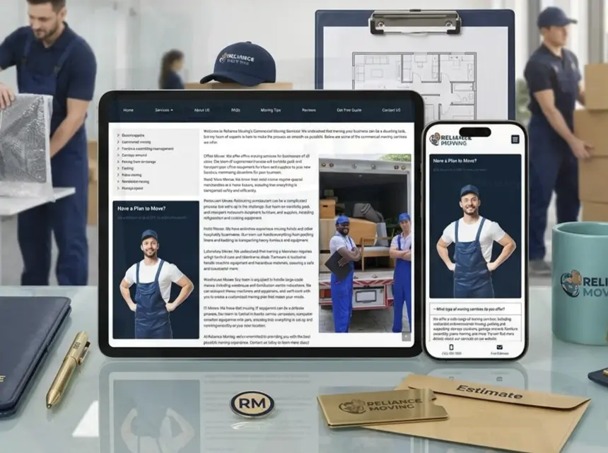 Commercial moving service page on a laptop