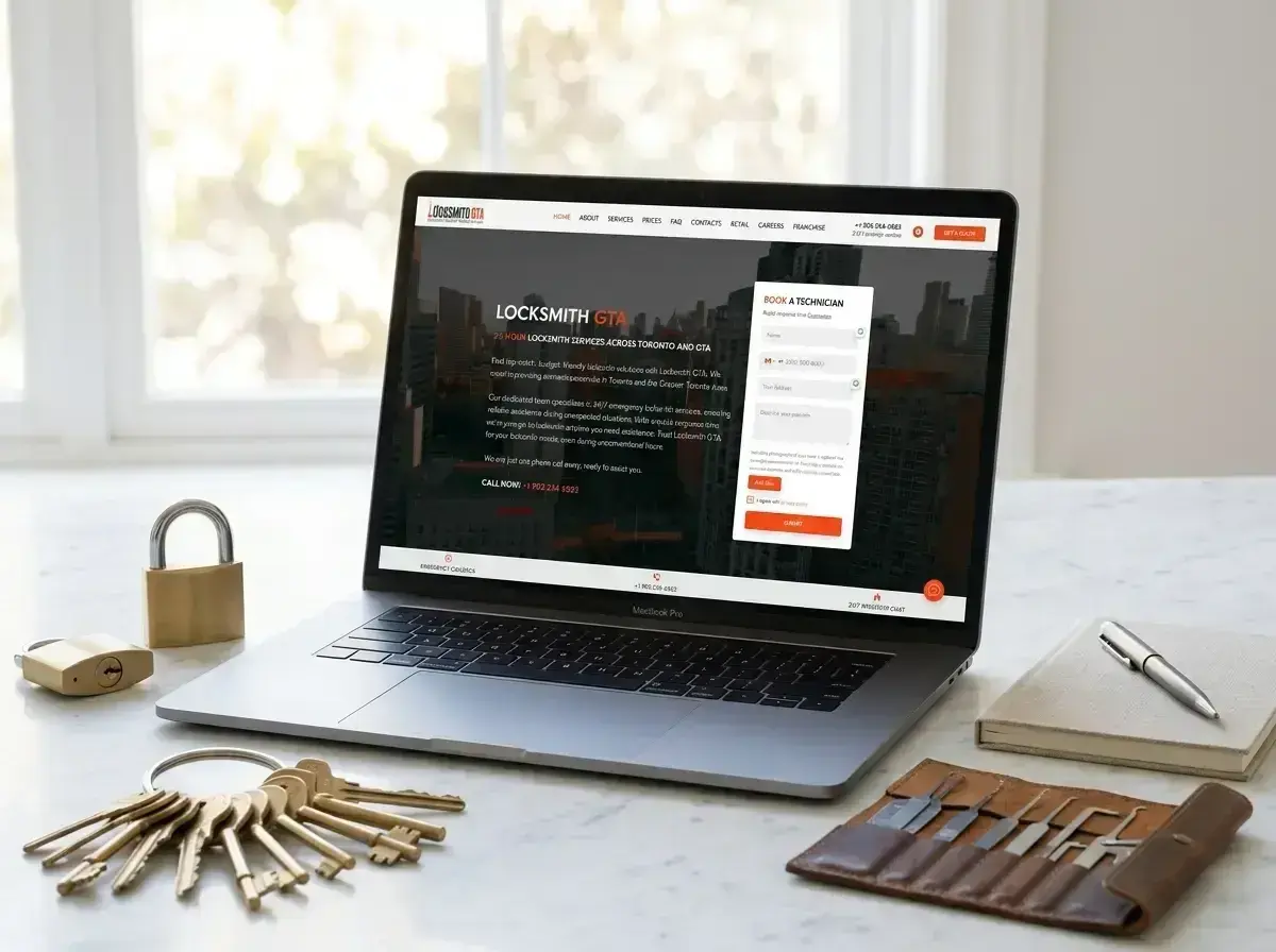 Site Web de Locksmith GTA sur un ordinateur portable, dans un décor torontois
