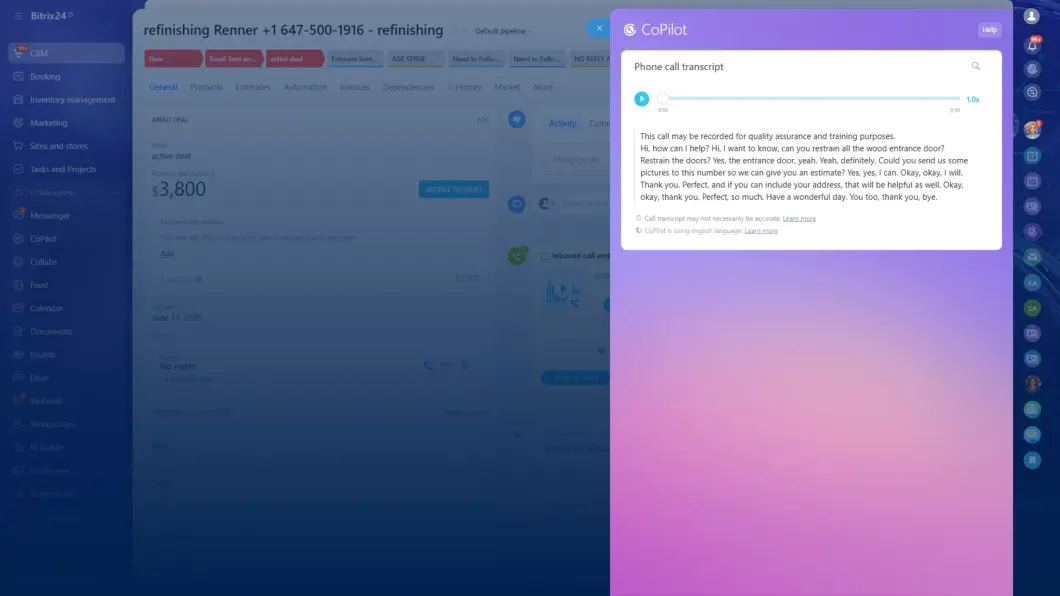 Bitrix24 CoPilot call summary