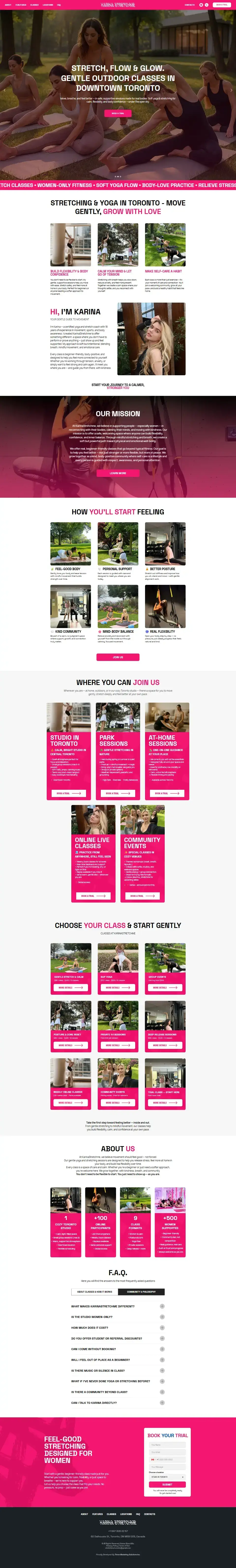 Full home page of Karinastretchme.ca, stretching studio website in Toronto