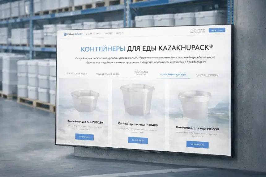 Catalogue de contenants alimentaires KazakhUpack sur un écran d’ordinateur dans un entrepôt