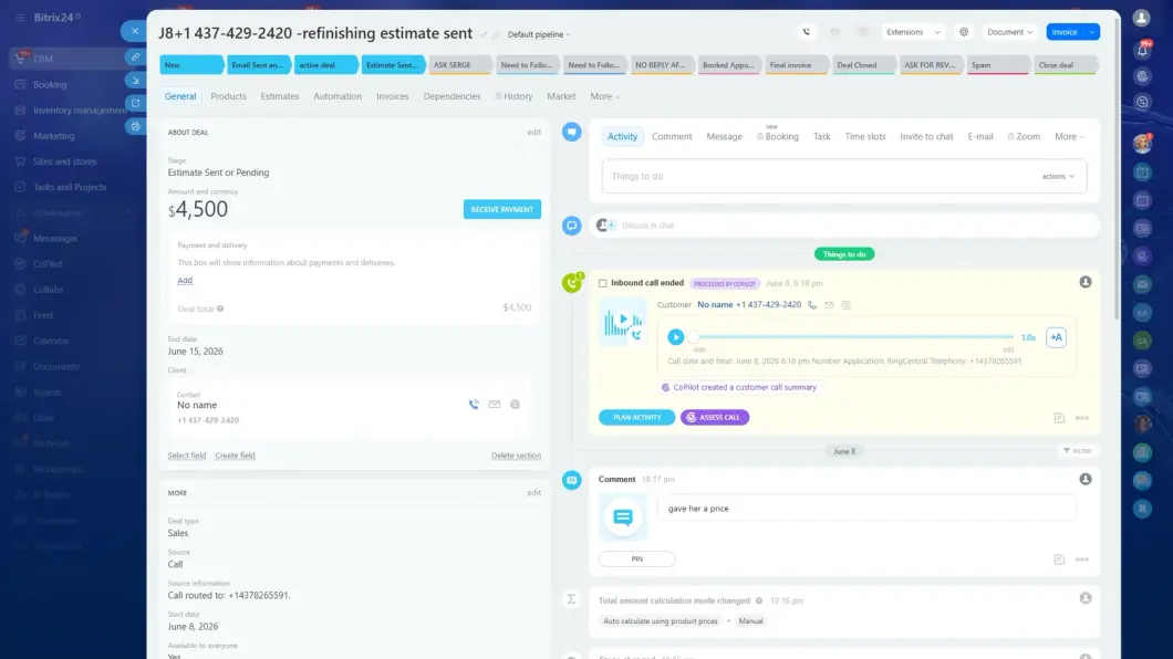 Bitrix24 client card with CoPilot