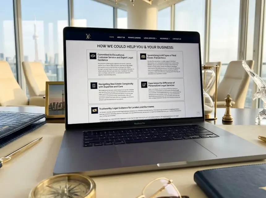 Services section of the VG Law website on a laptop