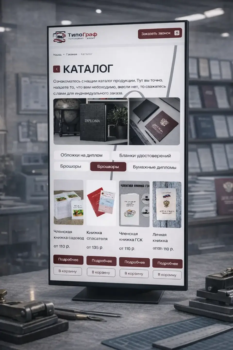Tipograf Print store on a vertical screen