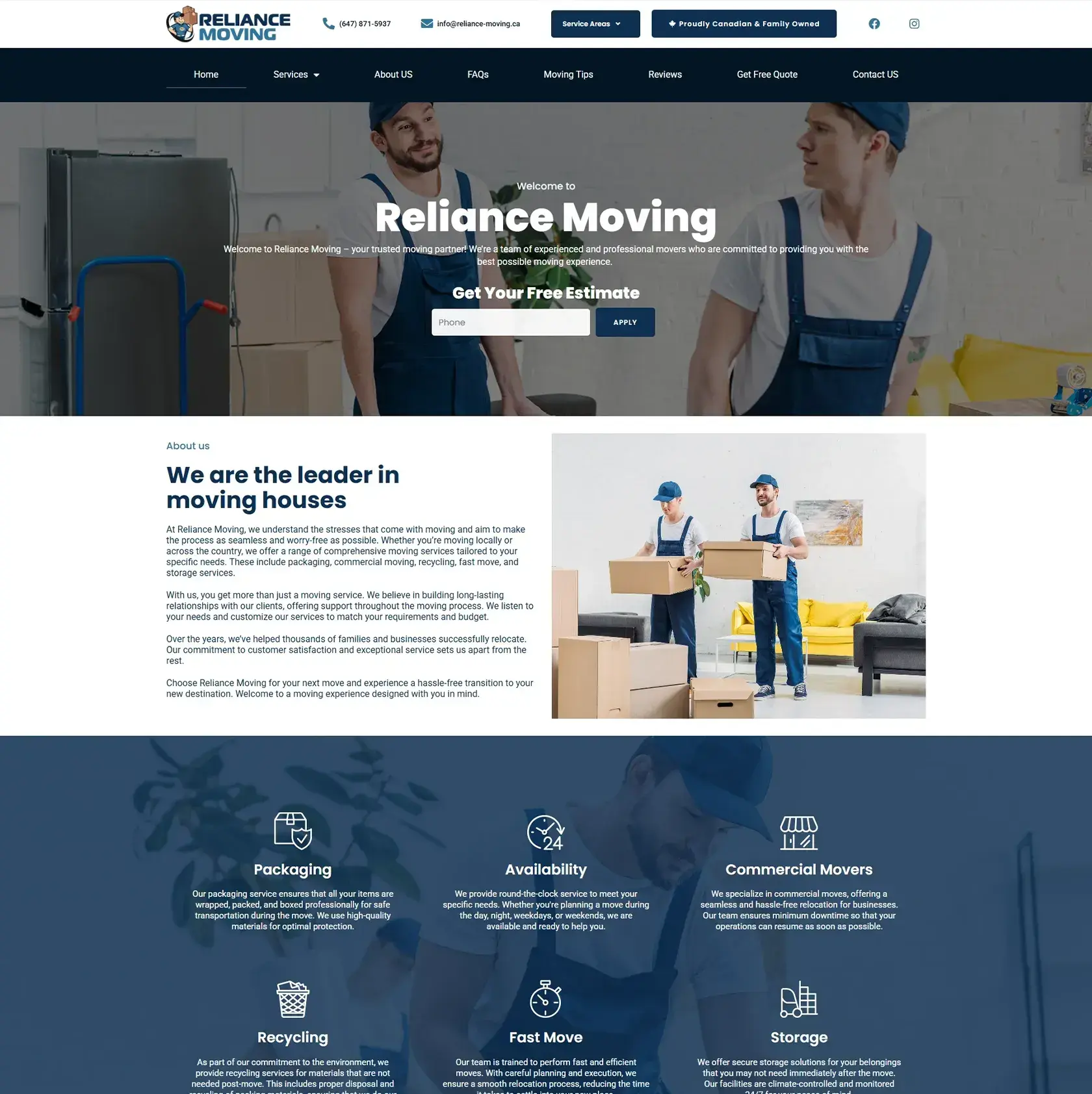 Reliancemoving.ca first screen with the estimate form - moving company website by Thrive Solutions