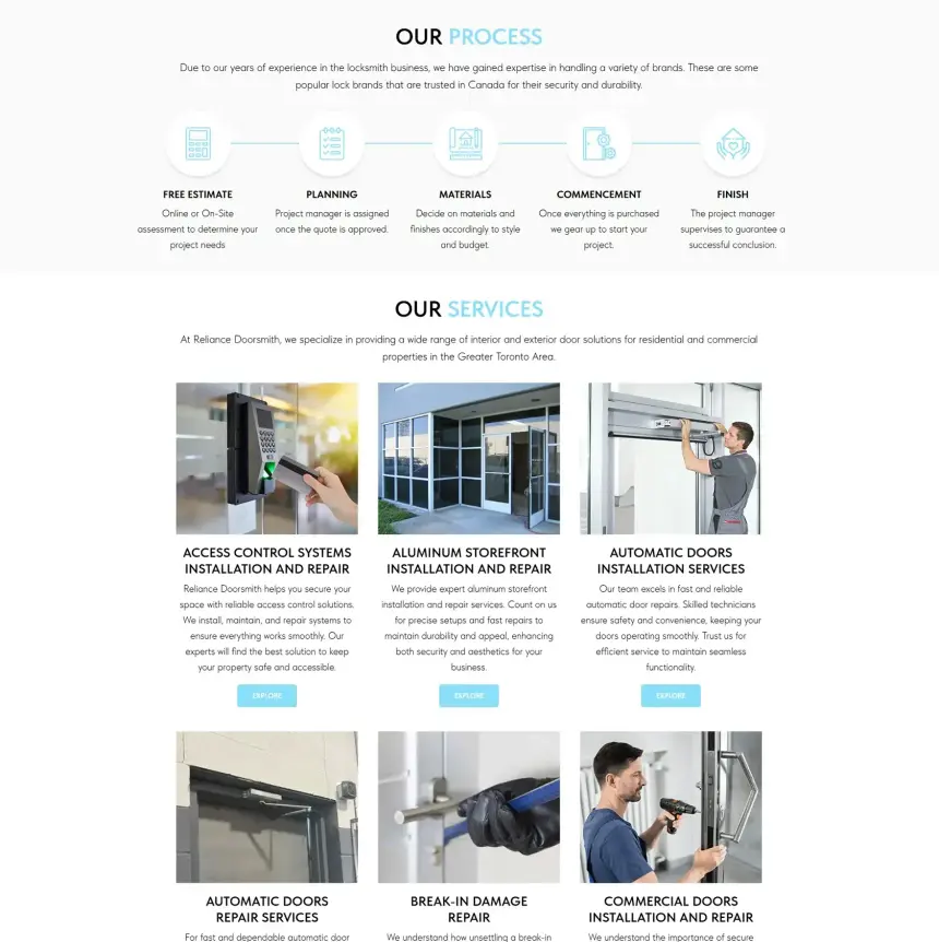 Déroulement des travaux et fiches de services sur le site Web de Reliance Doorsmith