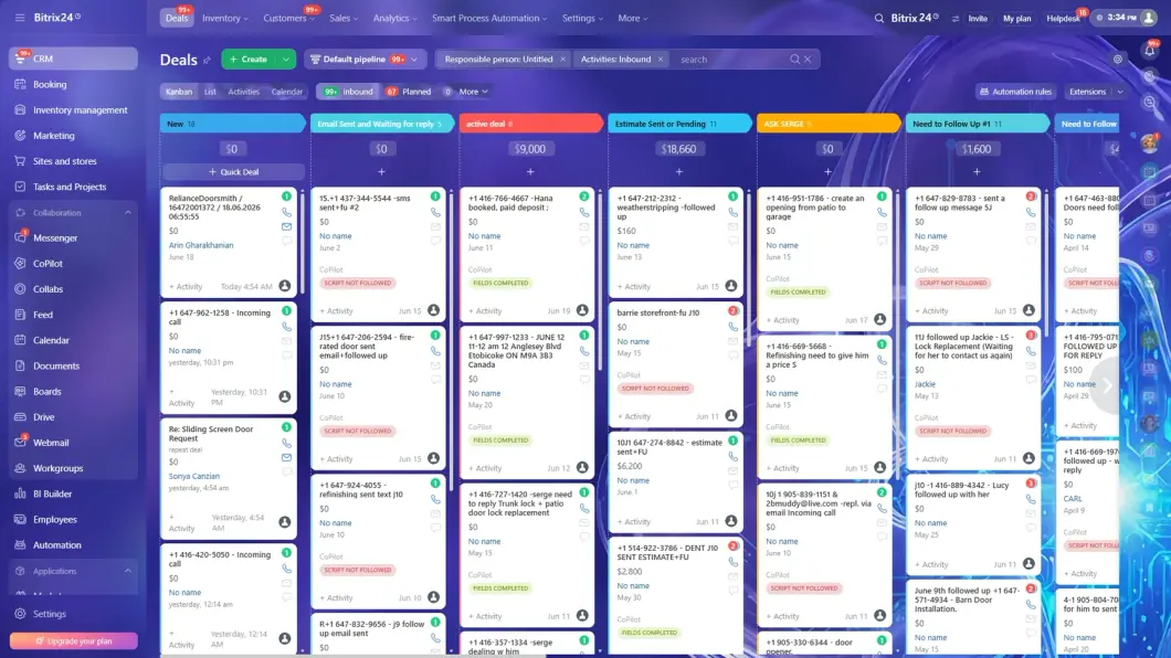 Bitrix24 deal pipeline for Reliance Doorsmith