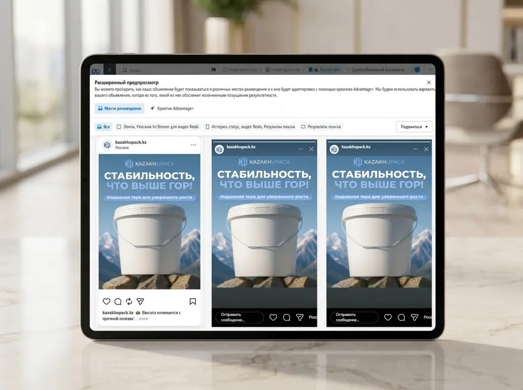 Meta Ads dashboard for KazakhUpack on an iPad