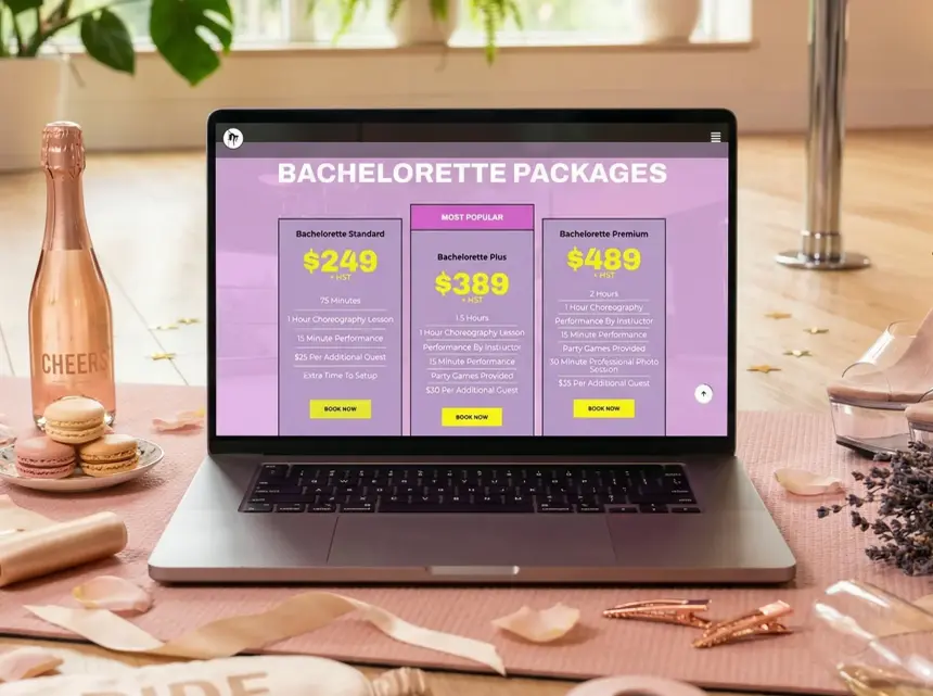 Bachelorette party packages page on a laptop