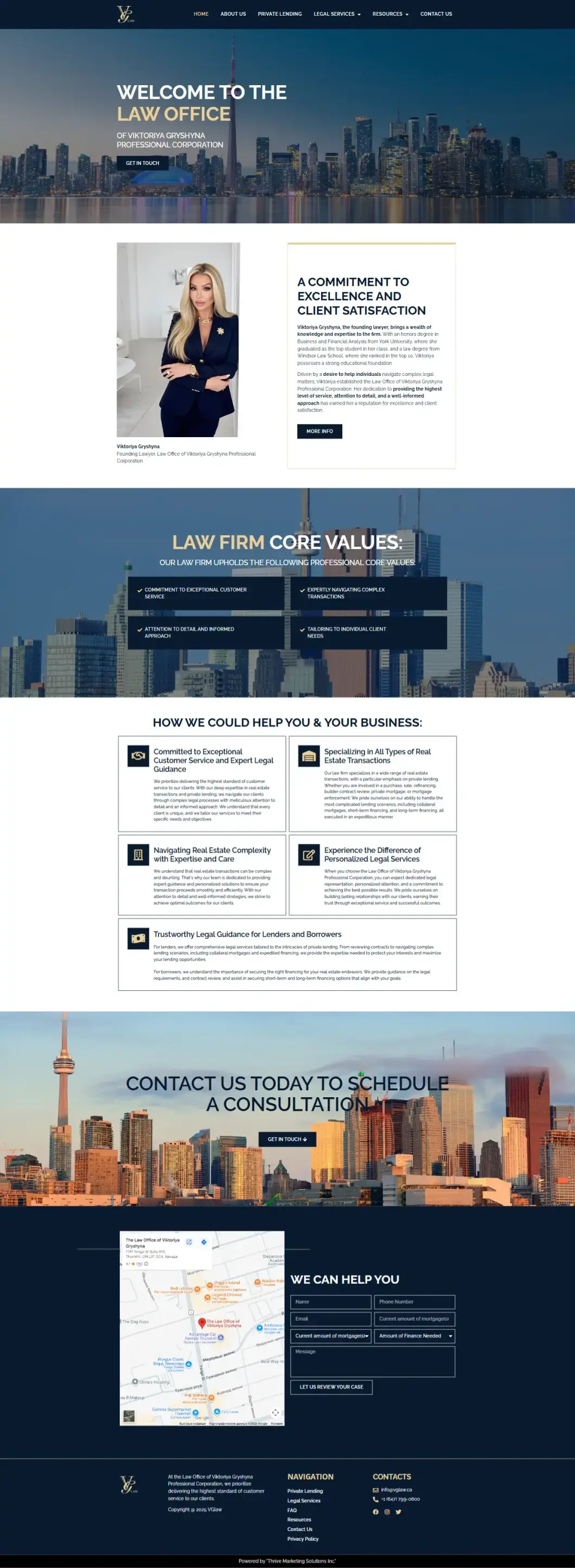 Full home page of Vglaw.ca, law firm website in Thornhill