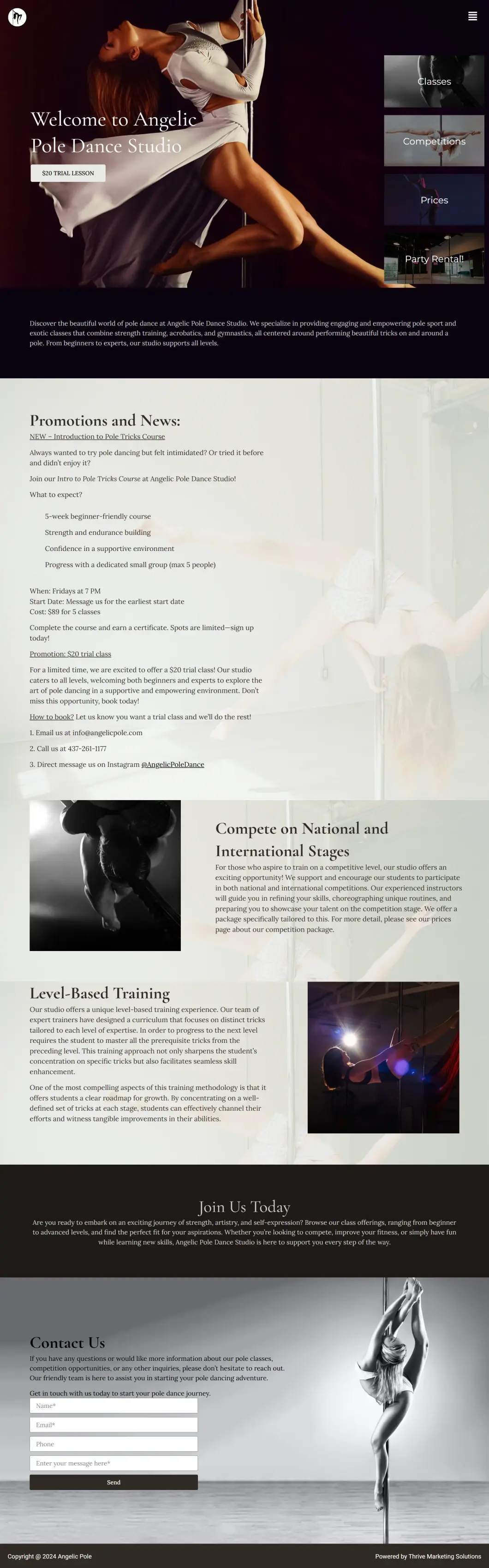 Full home page of Angelicpole.com, pole dance studio website in Vaughan