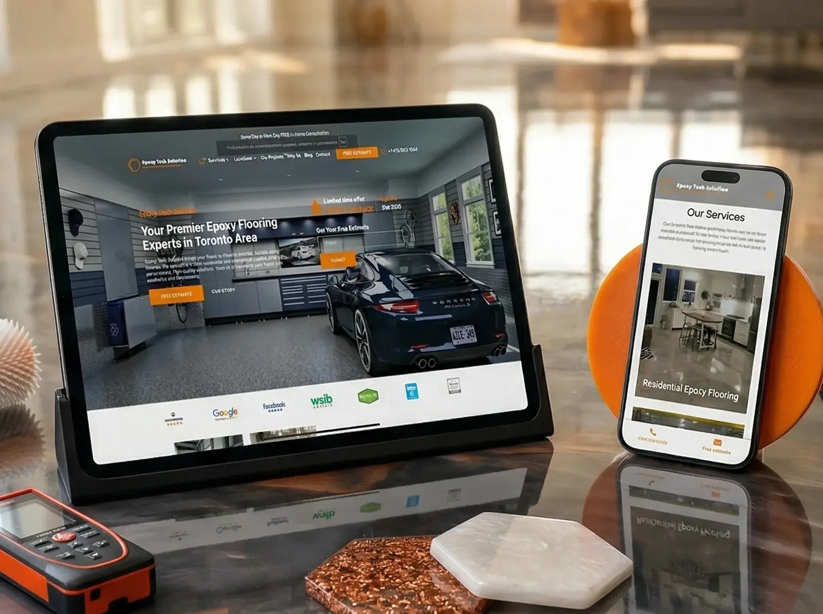 Epoxy Tech Solution website on a laptop in a garage