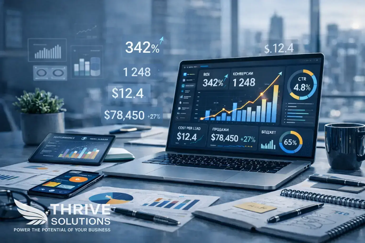 A performance marketing dashboard with results by channel