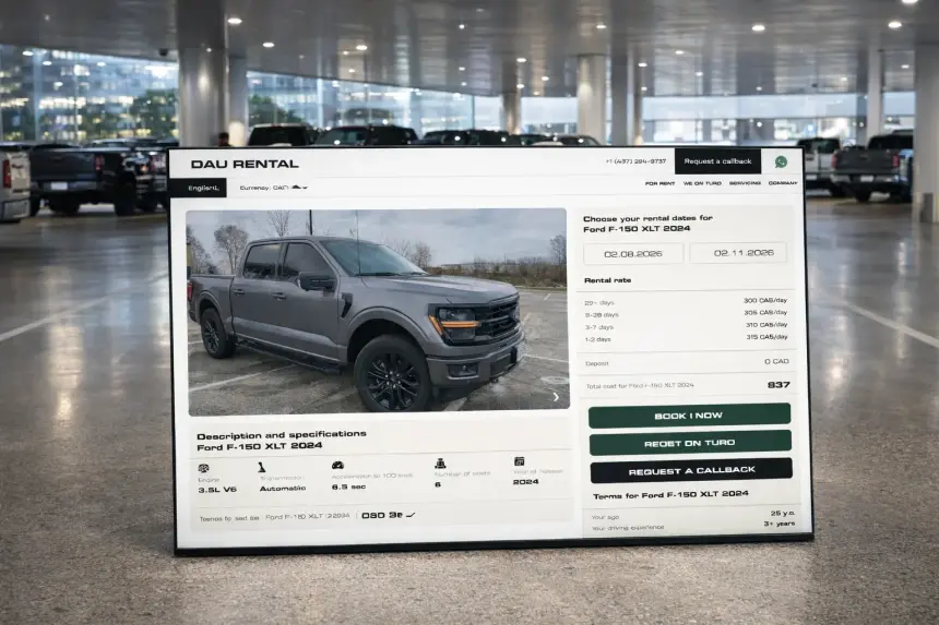 Vehicle detail page with specs, rental terms and booking on DauRental.ca
