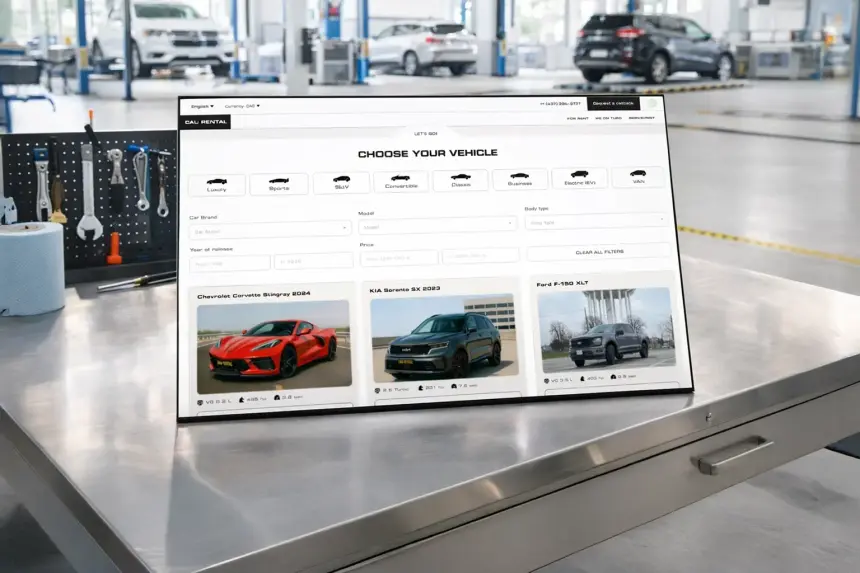 Car rental catalogue on a large screen in a modern showroom