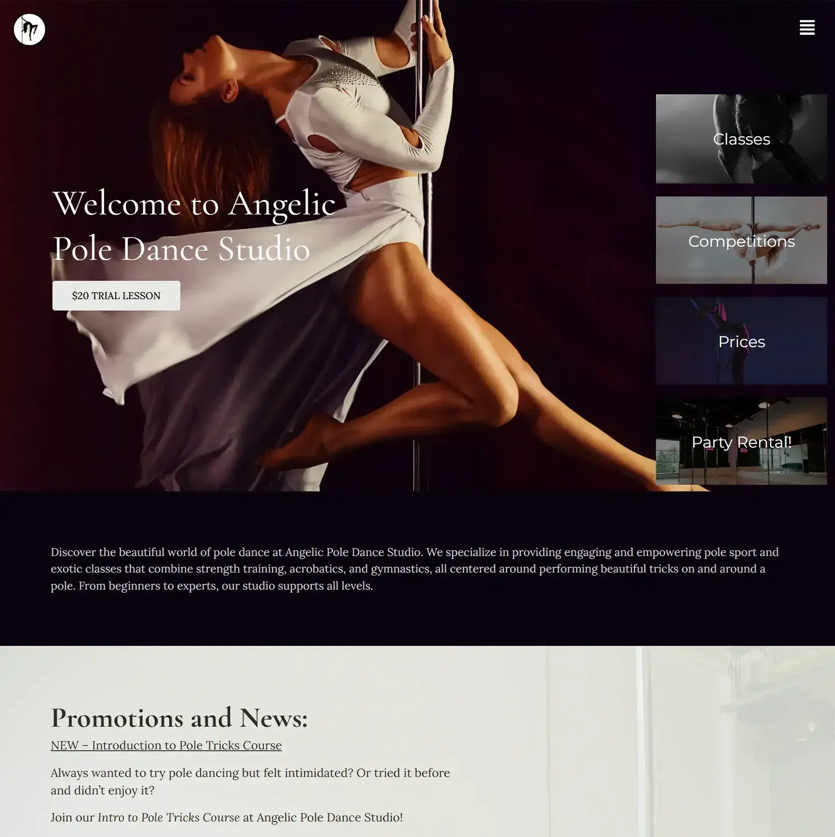 Angelicpole.com first screen - pole dance studio website by Thrive Solutions