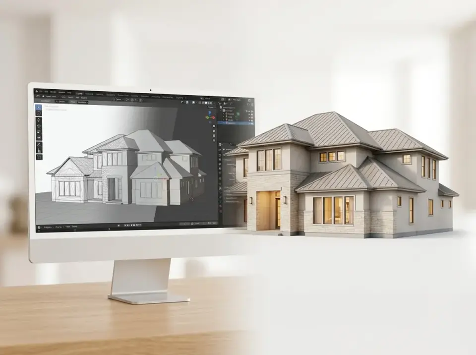 3D render of the house facade with terrace